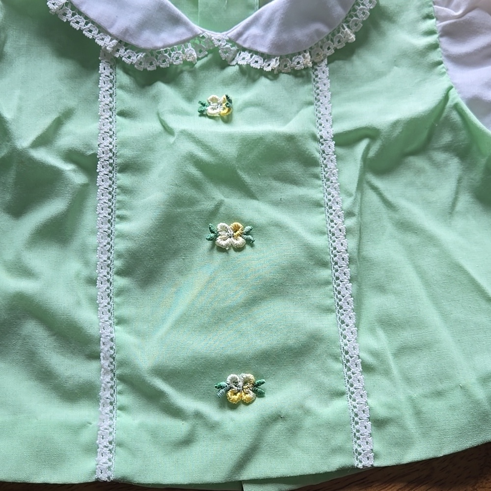 Vintage Green Rosette Lace Trim cotton candy dress 0/3/6 Mo 70s Summer Cottage